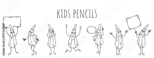 Set of Funny cute pencils something speak with speech bubbles and posters. Black and white pencils. Humanized characters. For design, school, kindergarten, educational materials.