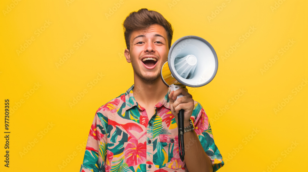A young man in a colorful tropical shirt smiling and holding a megaphone, standing against a vibrant yellow background, projecting a lively and energetic vibe... A young man in a colorful tropical shirt smiling and holding a megaphone, standing against a vibrant yellow background, projecting a lively and energetic vibe...