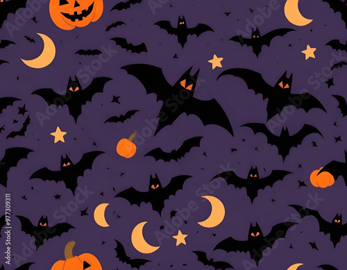 halloween seamless pattern, halloween seamless background, halloween background with bats photo