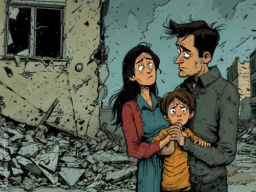 A cartoon-style post-war scene depicts a ruined city street. A pair of parents and their child stand in front of a damaged house. The parents' faces show concern and exhaustion, while the child clings