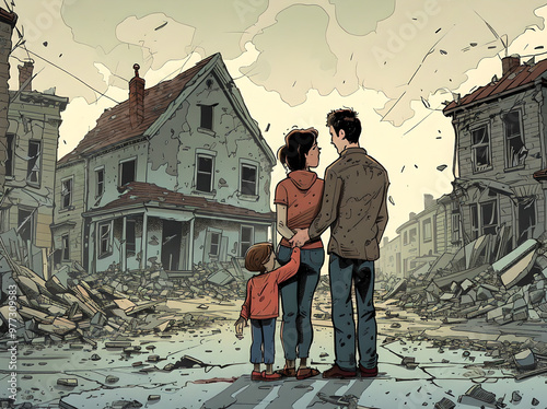 A cartoon-style post-war scene depicts a ruined city street. A pair of parents and their child stand in front of a damaged house. The parents' faces show concern and exhaustion, while the child clings