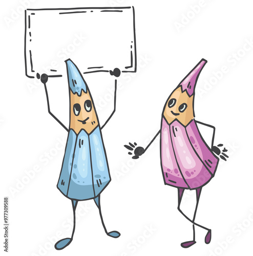 Cute pencil holding a poster and explaining something, and the other pencil looking at him. Situation about education, study or learning. Vector Funny characters stationery.