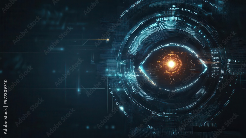 AI-driven threat detection visualized as an intelligent, glowing eye, surrounded by layers of security codes, dark cyber aesthetic AI-driven threat detection visualized as an intelligent, glowing eye, surrounded by layers of security codes, dark cyber aesthetic