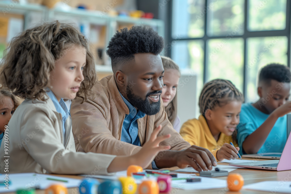 Teacher guiding students in a classroom as they work together on a laptop, promoting teamwork and learning, diverse group. Teacher guiding students in a classroom as they work together on a laptop, promoting teamwork and learning, diverse group.