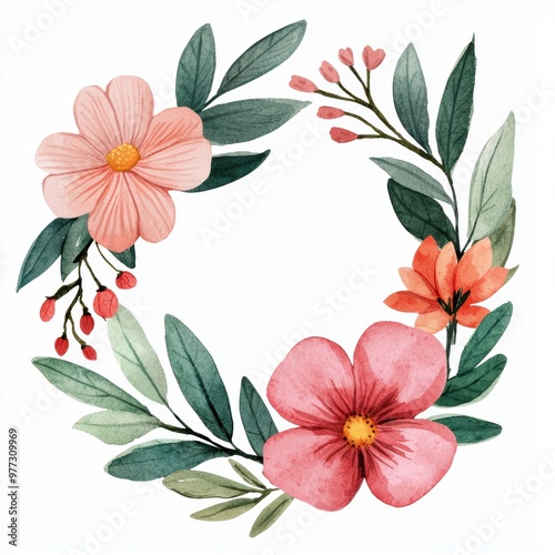 Delicate Floral Wreath with Pink Flowers and Leaves