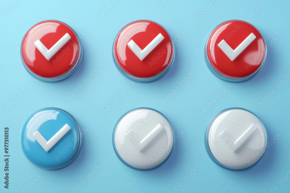 Colorful check mark buttons on a bright background symbolizing approval and decision-making. Includes red, blue, and white options.