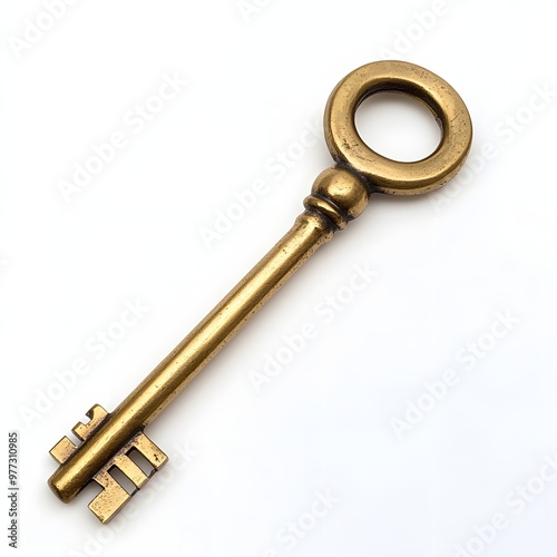 296. A classic brass key isolated on a pristine white background