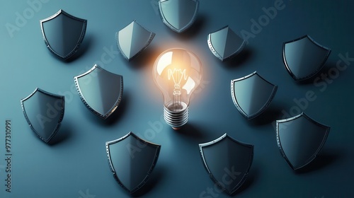 Cyber security awareness symbolized by a glowing light bulb surrounded by protective digital shields, sharp and modern