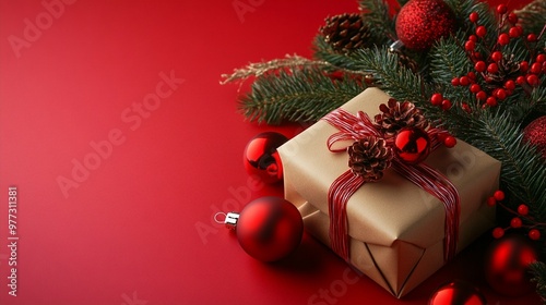 Festive Christmas gift box wrapped in kraft paper with red ribbon, surrounded by pine branches, ornaments, and berries on a vibrant red background.