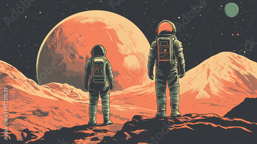 Fototapeta Naklejka Na Ścianę i Meble -  Astronaut mars planet space travel vintage retro illustration scifi adventure futuristic outdated cosmic exploration nostalgic. Space Exploration. Illustration