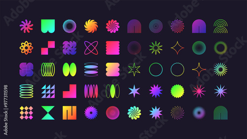 Brutalist geometric shapes, modern symbols. Colorful neon simple primitive elements and forms. Retro design, trendy contemporary minimalist style, y2k. Vector illustration