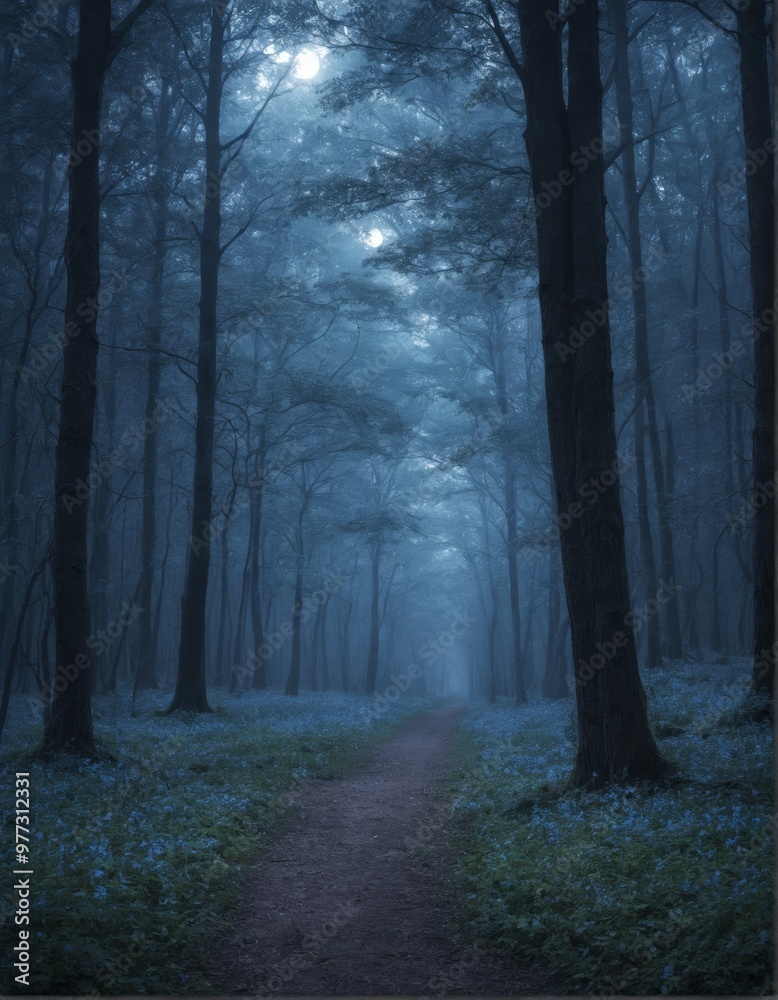 Naklejka premium Mysterious moonlit forest path surrounded by lush blue flowers. Enchanting atmosphere with soft glowing light filtering through trees, perfect for fantasy themes, nature scenes, or magical landscapes.
