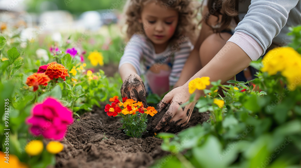 A mother and her young daughter plant colorful flowers in their garden on a sunny day, hands covered in dirt, with bright blooms surrounding them A mother and her young daughter plant colorful flowers in their garden on a sunny day, hands covered in dirt, with bright blooms surrounding them
