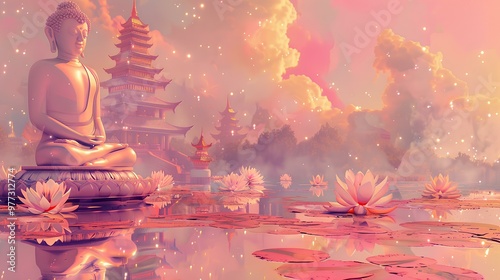 buddha in lotus with temple background for vesak day in soft blue color illustration design