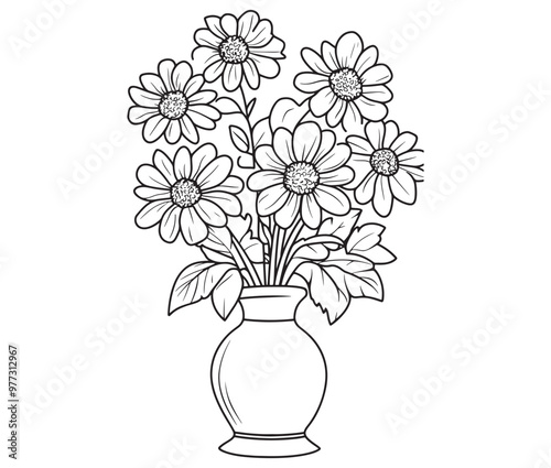 Coloring book worksheet for kids bouquet of flowers in vase 