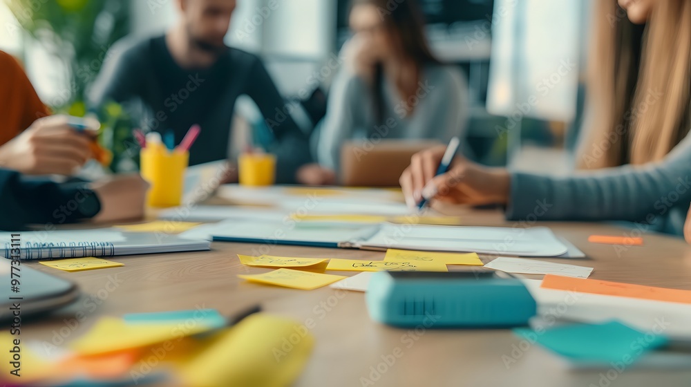 Close-up of a table with sticky notes, papers, and a blue device, with blurred figures of people in the background Close-up of a table with sticky notes, papers, and a blue device, with blurred figures of people in the background