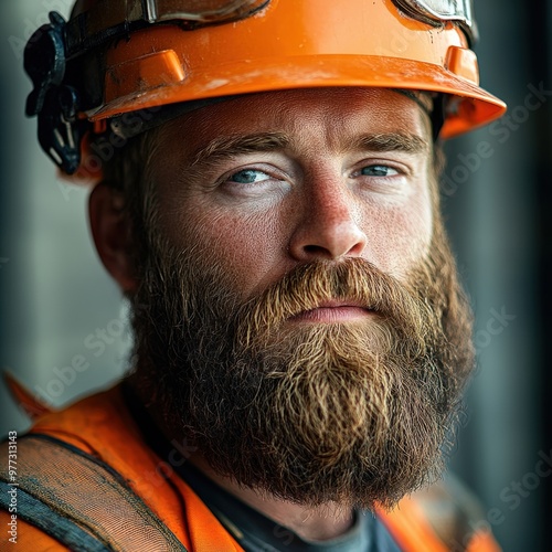 Bearded construction worker ready for work photo