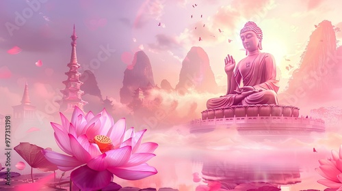 buddha in lotus with temple background for vesak day in soft blue color illustration design