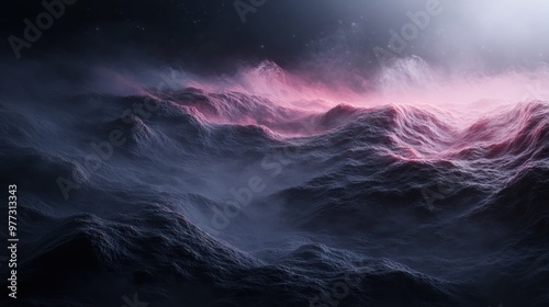 A surreal landscape depicting soft pink waves blending seamlessly with dark blue hues, creating a mysterious and calming visual that evokes dreams and tranquility.