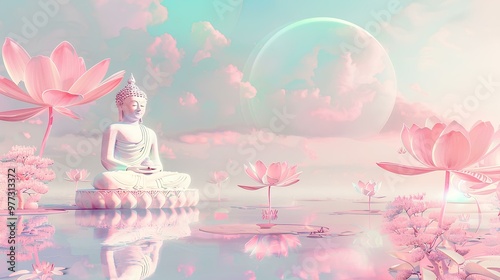 buddha in lotus and temple background in soft pastel color illustration