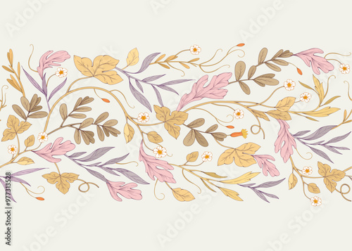 Retro colorful seamless horizontal border with detailed various foliage, intricate details and delicate forms. Elegant botanical rustic design elements. Hand drawn vintage vector illustration