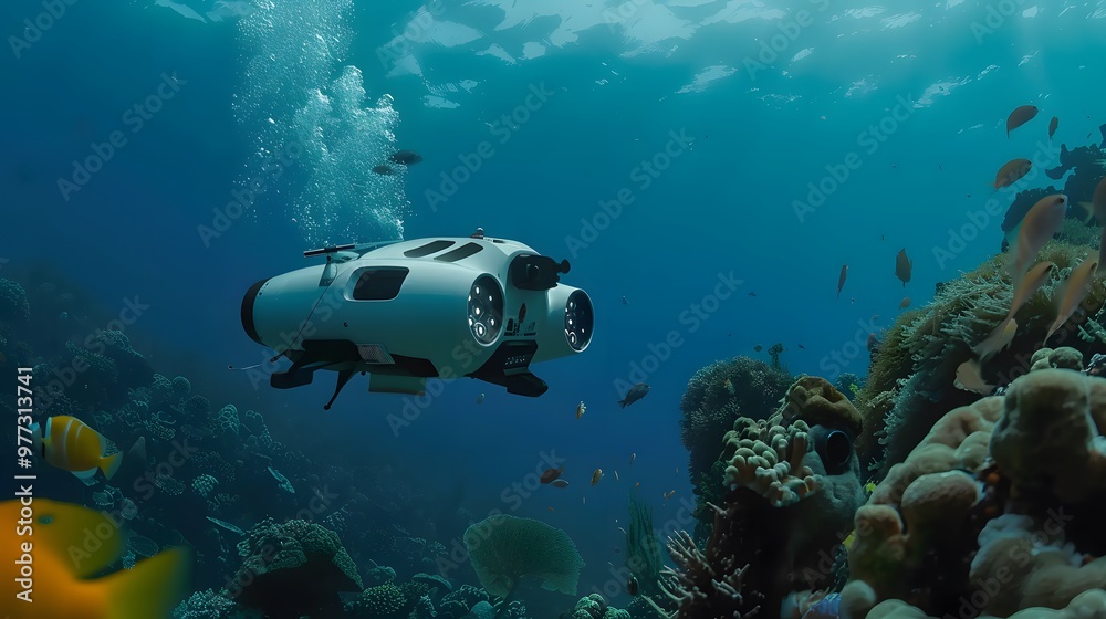 Fototapeta premium Underwater Exploration Robot: A sleek underwater robot exploring a coral reef, capturing stunning marine life footage. 