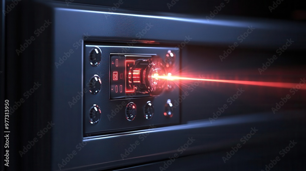Digital safe with advanced encryption locks, beams of light scanning over it, modern and sleek design Digital safe with advanced encryption locks, beams of light scanning over it, modern and sleek design