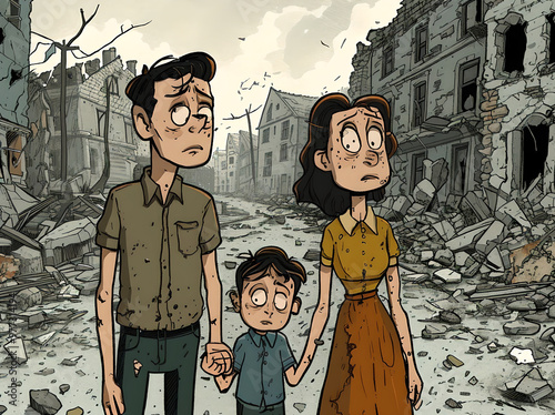 A cartoon-style post-war scene depicts a ruined city street. A pair of parents and their child stand in front of a damaged house. The parents' faces show concern and exhaustion, while the child clings