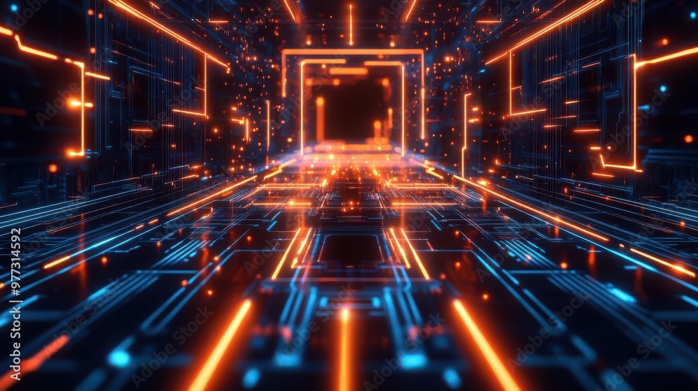Encrypted data stream flowing through a maze of glowing circuits, modern digital aesthetic, sharp edges and clean lines Encrypted data stream flowing through a maze of glowing circuits, modern digital aesthetic, sharp edges and clean lines