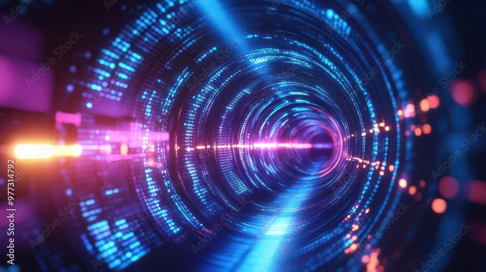 End-to-end encryption symbolized by a glowing tunnel of light, secure and futuristic, deep blue and purple tones End-to-end encryption symbolized by a glowing tunnel of light, secure and futuristic, deep blue and purple tones