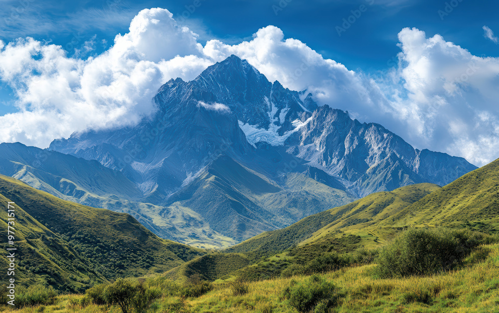 A majestic mountain peak towers above a lush green valley, framed by a stunning blue sky with dramatic clouds. A majestic mountain peak towers above a lush green valley, framed by a stunning blue sky with dramatic clouds.