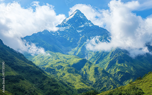 Majestic mountain peak surrounded by lush green hills and clouds under a clear blue sky, depicting serene natural beauty and tranquility.