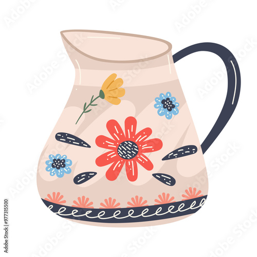 Ceramic jug with antique style pattern. Clay jars bowl dish. Vase pottery for milk or water decoration flat vector illustration. Dishes with floral patterns. For banners, postcards, stickers, design.