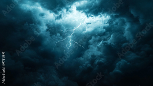 Dramatic lightning strikes through dark storm clouds during a nighttime thunderstorm photo