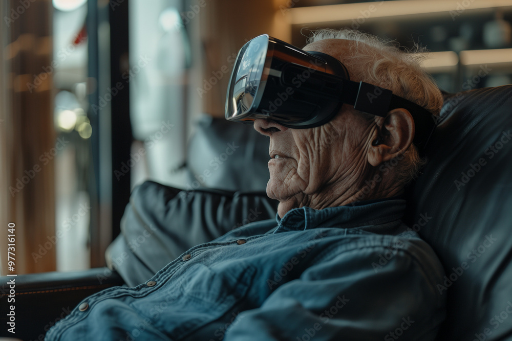 Fototapeta premium Elderly man experiencing virtual reality at home. A close-up of an elderly man wearing a VR headset while seated comfortably in his living room, showcasing how virtual reality can enhance the life of