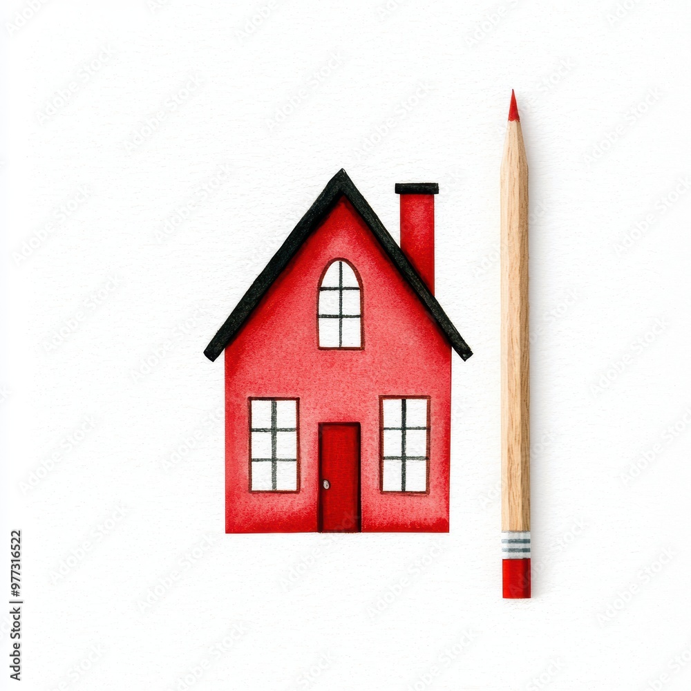 Miniature Red Wooden House and Pencil on White Background Miniature Red Wooden House and Pencil on White Background