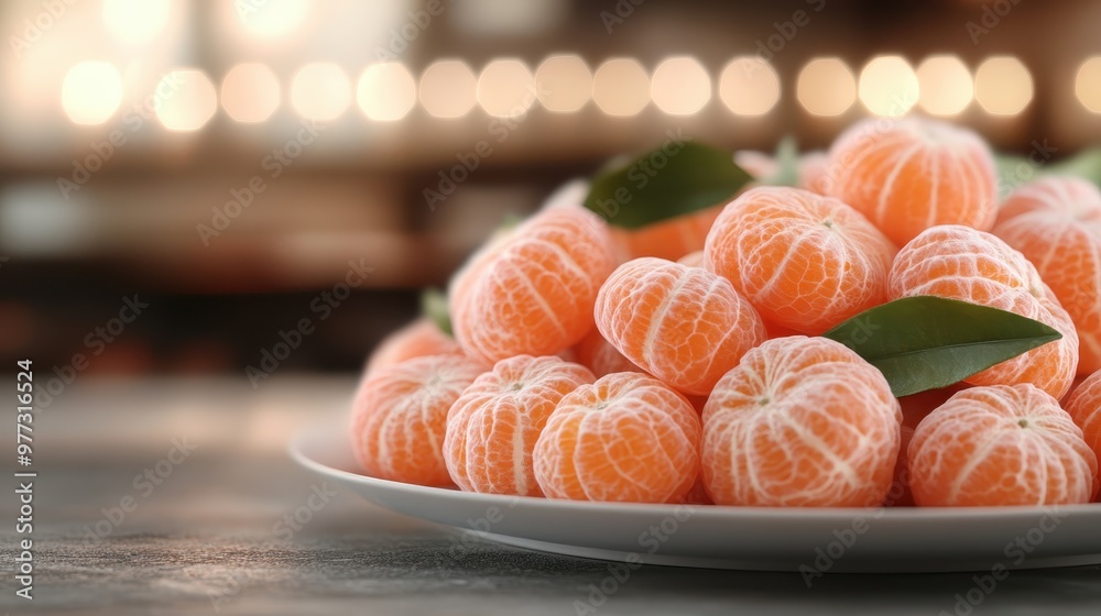 A delicious display of peeled mandarin oranges on a plate, sitting on a textured table against a softly lit background, highlighting the freshness and vibrant color. A delicious display of peeled mandarin oranges on a plate, sitting on a textured table against a softly lit background, highlighting the freshness and vibrant color.