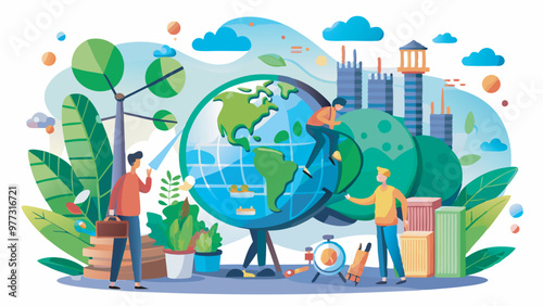 A diverse group engages in environmental education around a globe marked "Eco Earth." Books, plants, and symbols convey optimism and collective action for protecting the planet.