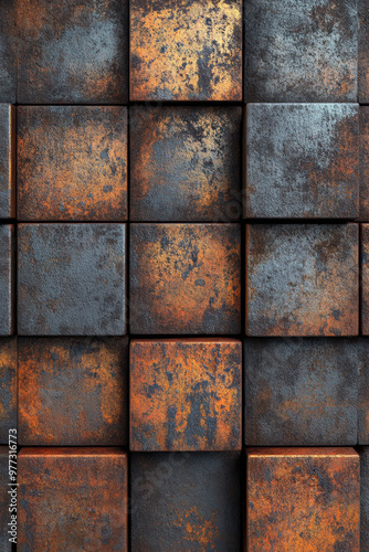 Close-up of textured metal squares in rusty tones forming a geometric pattern, showcasing industrial style and aged metallic surface details.