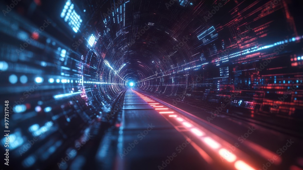 VPN tunnel visualized as a glowing, secure digital pathway, dark and detailed cyber environment VPN tunnel visualized as a glowing, secure digital pathway, dark and detailed cyber environment