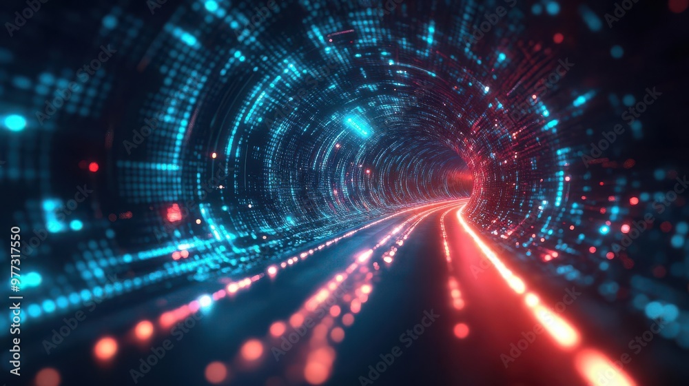 VPN tunnel visualized as a glowing, secure digital pathway, dark and detailed cyber environment VPN tunnel visualized as a glowing, secure digital pathway, dark and detailed cyber environment