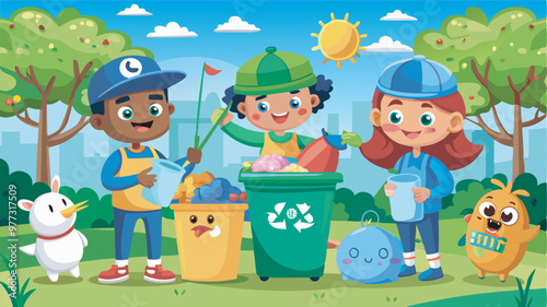 Three kids clean up trash in a park, using a recycling bin. A dog adds a playful touch. The setting combines nature and city elements, with birds for added liveliness.