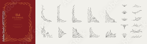 Set of retro floral design elements. Botanic frame, corner and borders in wavy and vintage style. Boho leaves and branches print for social media, packaging or wedding greeting card. Vector