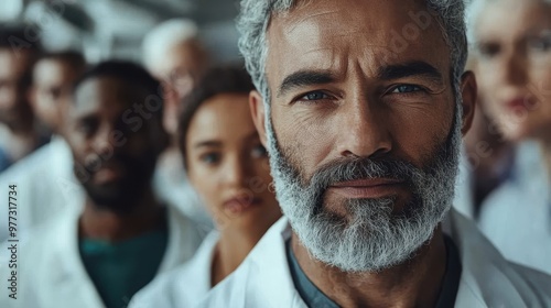 A confident male doctor with a distinctive beard stands in front of his diverse medical team, representing leadership, expertise, and collaboration in healthcare.