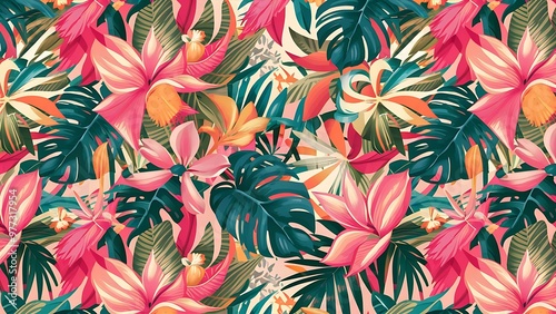 Tropical background horizontal. Summer pattern. Tropical flowers and leaves background or invitation, visiting card template.