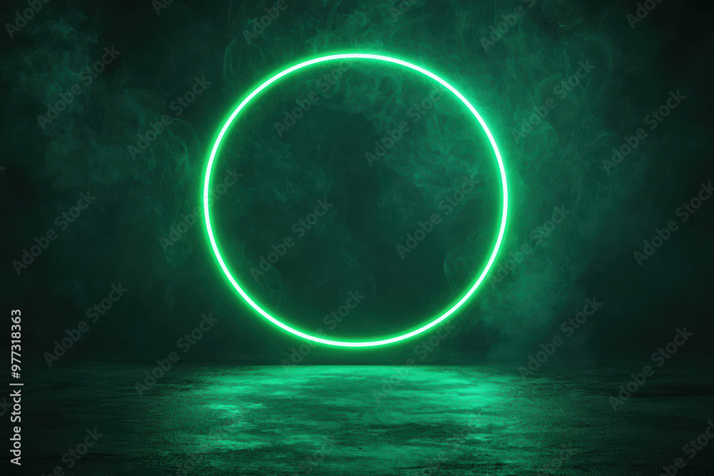 A glowing green neon circle emanates light in a foggy, dark environment. The atmosphere is mysterious and futuristic, invoking feelings of science fiction. A glowing green neon circle emanates light in a foggy, dark environment. The atmosphere is mysterious and futuristic, invoking feelings of science fiction.