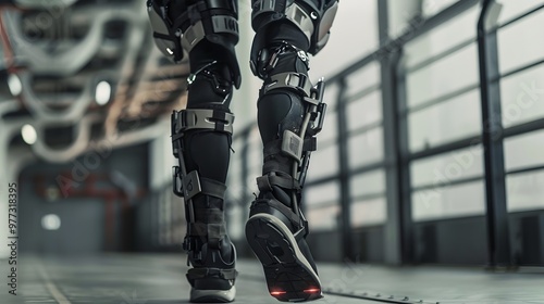 Robotic Exoskeleton: A person wearing a robotic exoskeleton, enhancing their strength and mobility. 
 photo