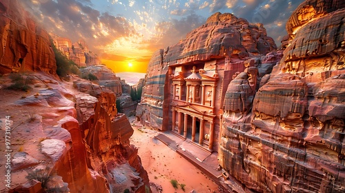 Ancient Petra rock-cut architecture, Treasury building: The iconic rock-cut architecture of Petra’s Treasury building glows warmly in the desert light, its intricate facade carved directly into  photo