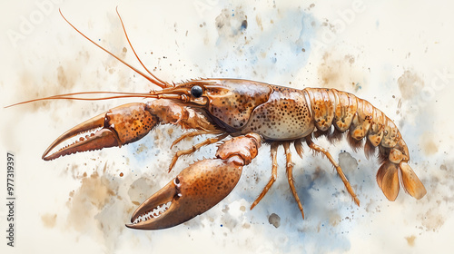 Crayfish on abstract watercolor background.

