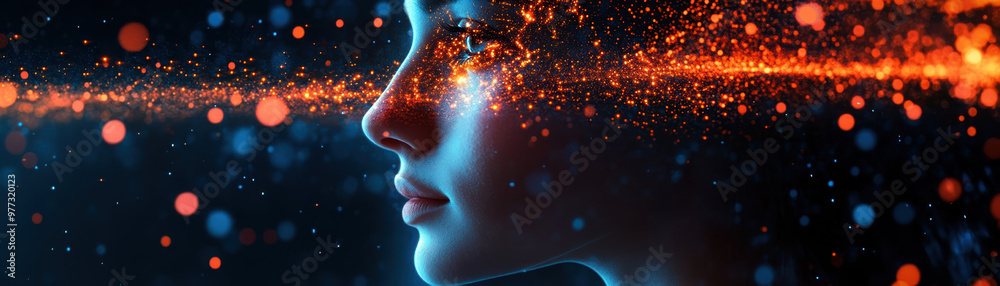 A futuristic digital art featuring a human profile with vibrant light and particle effects, evoking a sense of advanced technology and innovation. A futuristic digital art featuring a human profile with vibrant light and particle effects, evoking a sense of advanced technology and innovation.